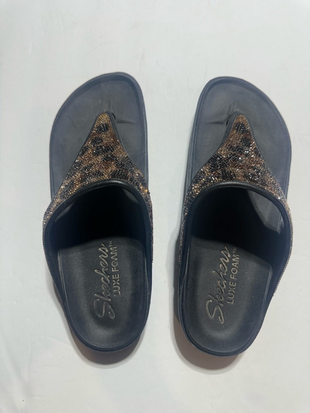 Skechers Luxe Foam Black Sandals with Leopard-Print Sparkle Straps brown sz 10